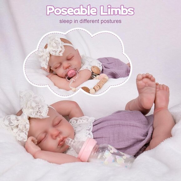 20 Inch Realistic Sleeping Newborn Baby Girl with Poseable Limbs and Feeding Set - Picture 4 of 8